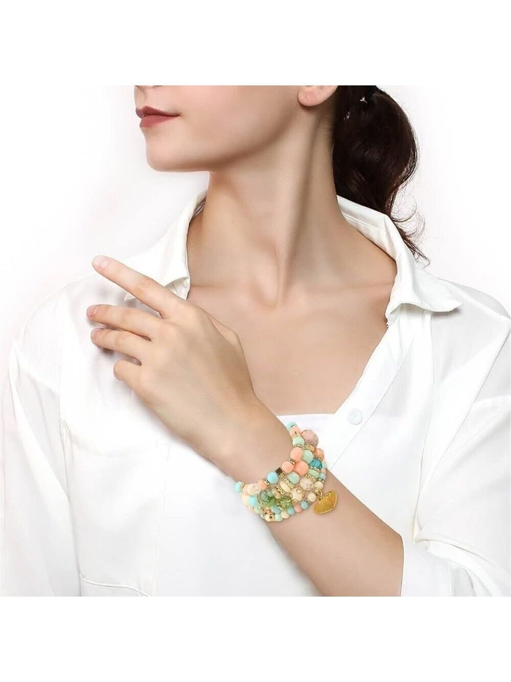 Stackable Bead Bracelets Ladies Stretch Multilayer Bracelet Set - Multicolor - Picture 3 of 8